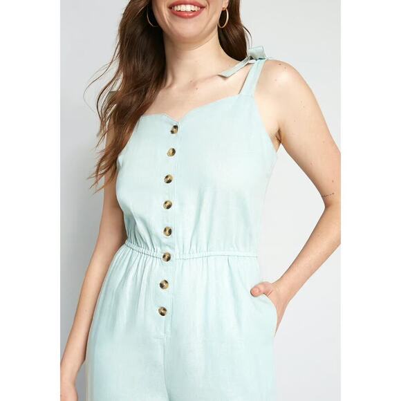 MODCLOTH Every Waking Momentum Jumpsuit Blue Linen Blend Tie-Shoulder - Sz S NWT - Picture 3 of 4